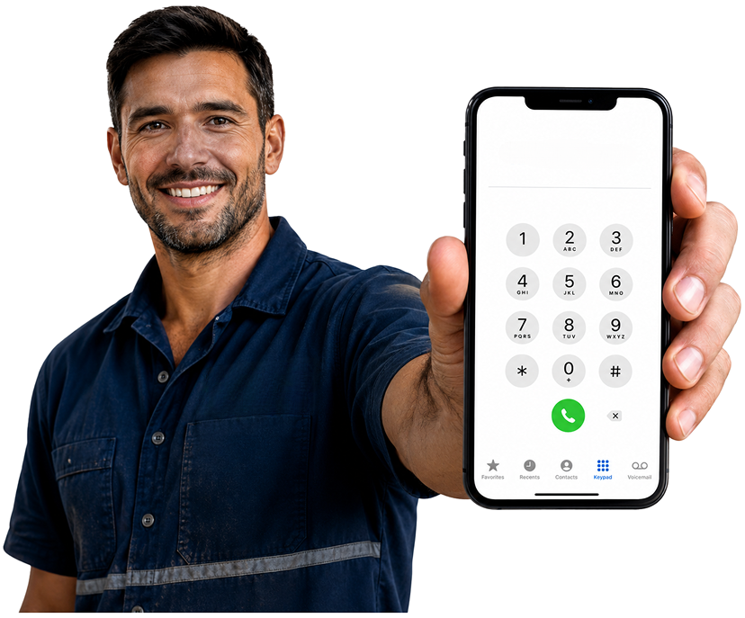 Carlingford Blocked Drains plumber holding a phone — call 1300 261 965