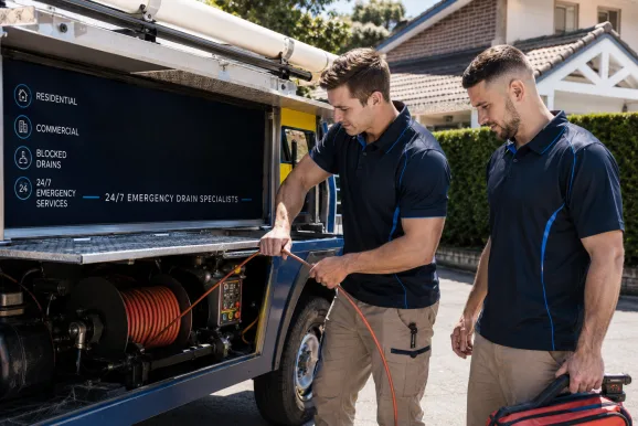 Two plumbers working on a blocked drain in Carlingford