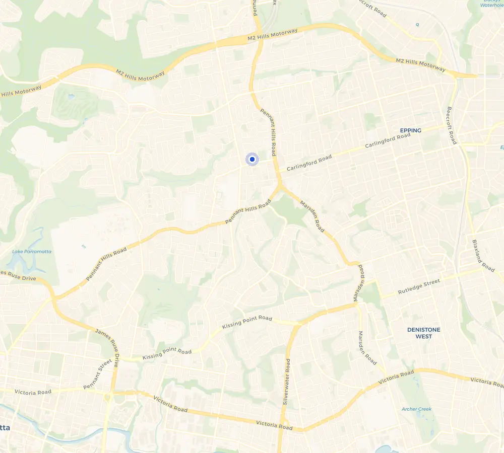Map of the Carlingford service area and the surrounding Hills District, showing Carlingford and the nearby streets we cover.