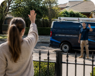 Customer waving goodbye to a Carlingford Blocked Drains plumber